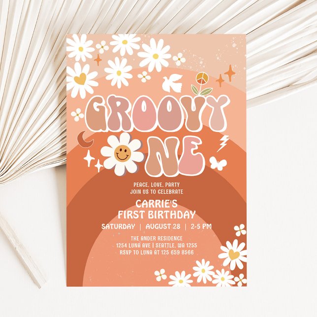 Convites Groovy ONE Margarida Hippie 70's Retrô 1º Aniversá (Criador carregado)