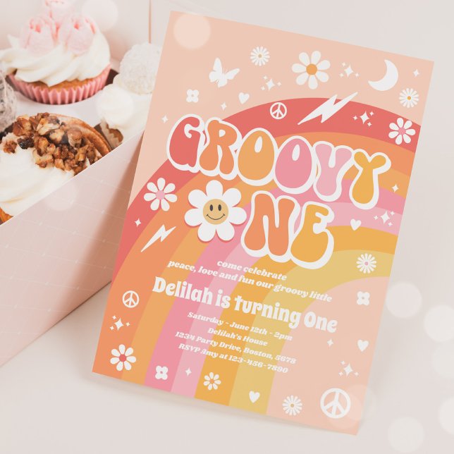 Convites Groovy One Peace Love Party - Festa de aniversário (Criador carregado)
