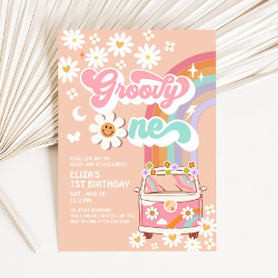 Convites Groovy ONE Pink Daisy Rainbow Van Aniversário de 1