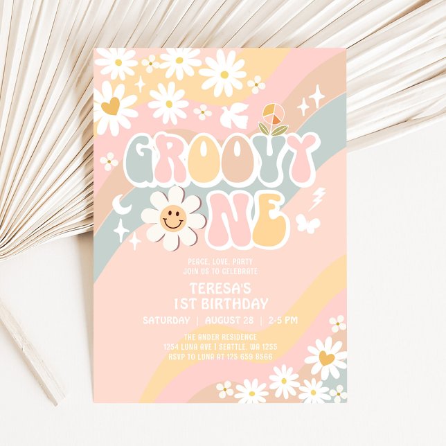 Convites Groovy ONE Primeiro Aniversário Pastel Groovy (Criador carregado)