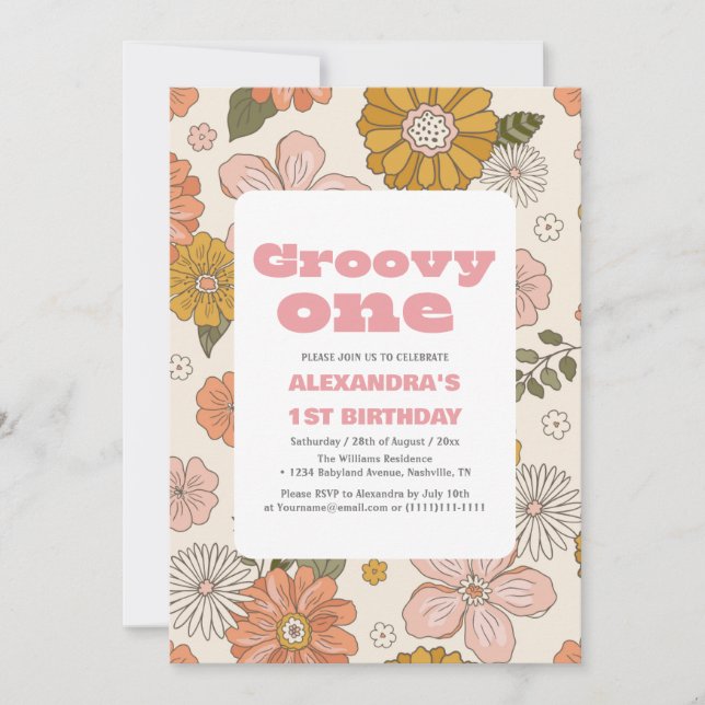 Convites Groovy one primeiro aniversario Retro-Flor (Frente)
