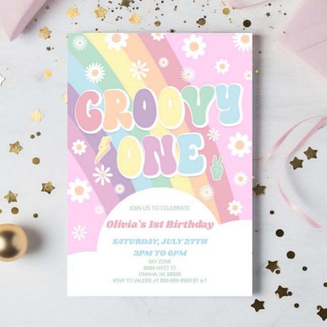 Convites Groovy One Rainbow Daisy Retro Party (Criador carregado)