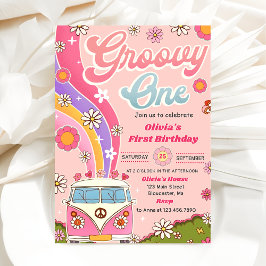 Convites Groovy One Rainbow Floral Party