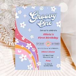 Convites Groovy One Rainbow Floral Party
