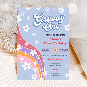 Convites Groovy One Rainbow Floral Party