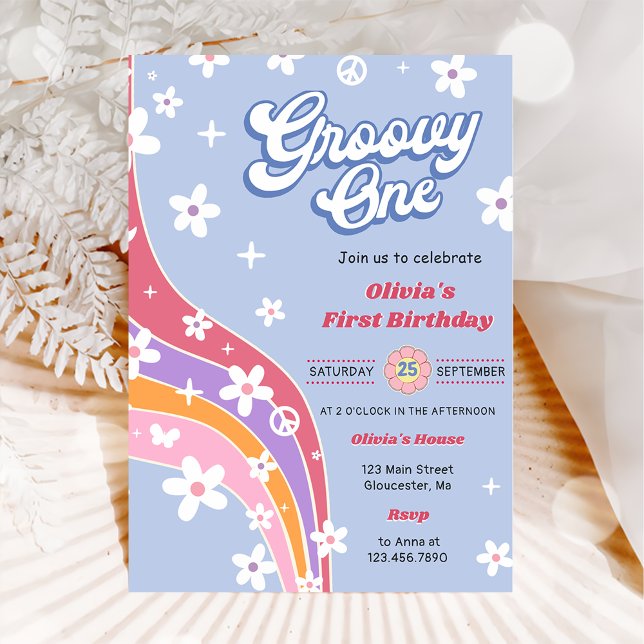 Convites Groovy One Rainbow Floral Party (Criador carregado)