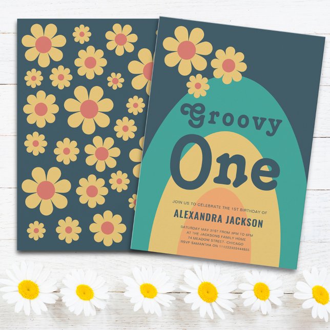 Convites Groovy One Retro Boho Festa de 1º Aniversário (Groovy one daisy arch 1st birthday party invitation)
