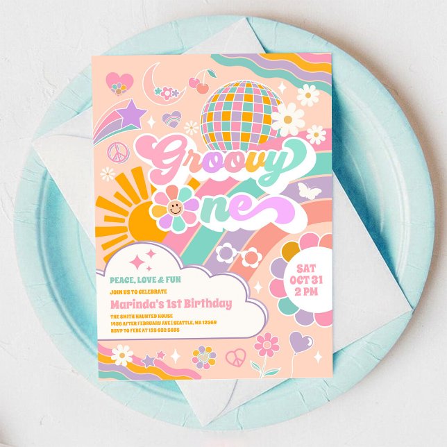 Convites Groovy One Retro Daisy 1st Birthday Invitation (Criador carregado)