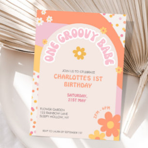 Convites Groovy One Retro Daisy Arco-íris Menina Primeiro A