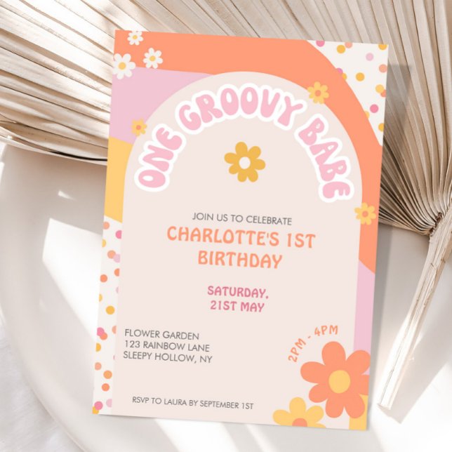 Convites Groovy One Retro Daisy Arco-íris Menina Primeiro A (Criador carregado)
