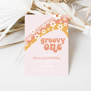 Convites Groovy One Retro daisy boho floral primeiro aniver