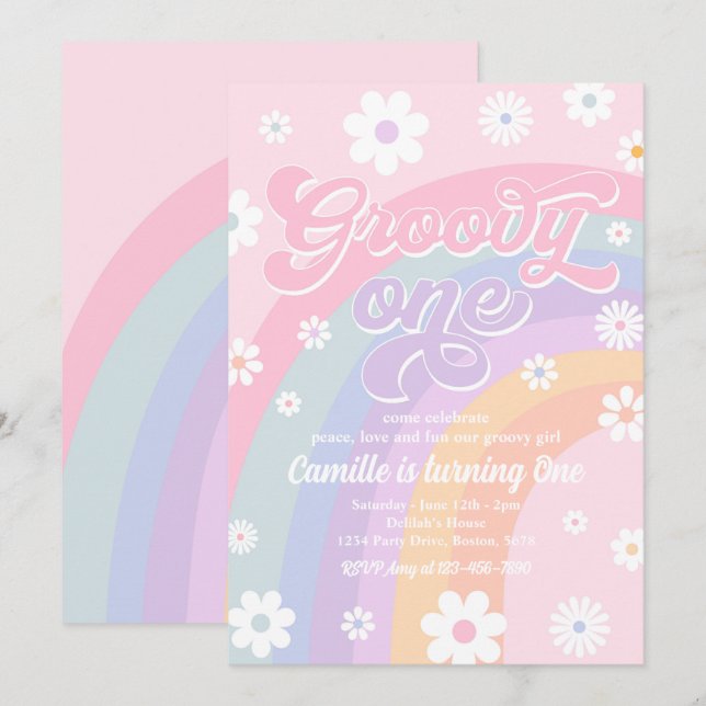 Convites Groovy One Retro Daisy Pastel Rainbow Aniversário (Frente/Verso)