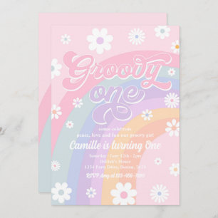 Convites Groovy One Retro Daisy Pastel Rainbow Aniversário