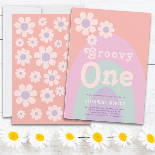 Convites Groovy One Retro Daisy Rainbow Party - Festa do pr (Groovy one daisy arch pastel 1st birthday party invitation )