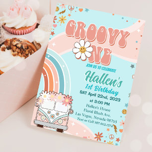 Convites Groovy One Retro Daisy Rainbow Primeiro Aniversári