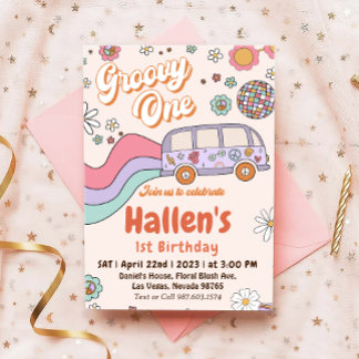 Convites Groovy One Retro Daisy Rainbow Primeiro Aniversári