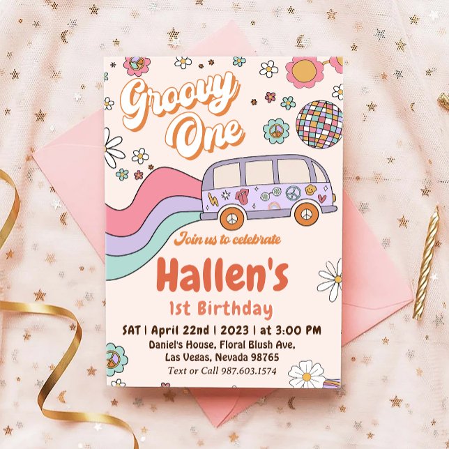Convites Groovy One Retro Daisy Rainbow Primeiro Aniversári (Criador carregado)