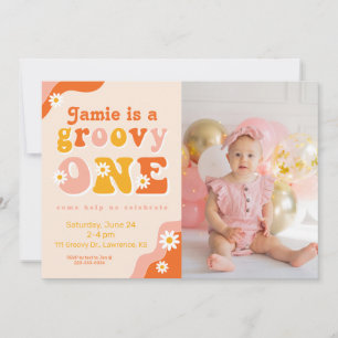 Convites Groovy One Retro First Birthday Photo Invitation