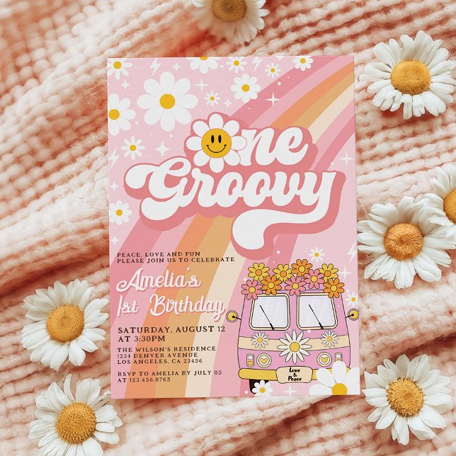 Convites Groovy One Retro Pink Daisy primeiro aniversario (Criador carregado)