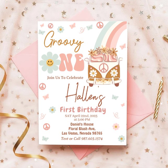 Convites Groovy One Retro Rainbow Primeiro Aniversário (Criador carregado)
