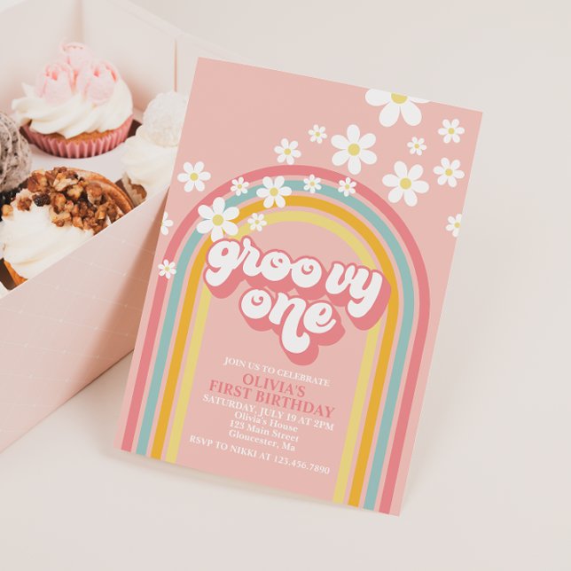 Convites Groovy One Retro Rainbow primeiro aniversario (Criador carregado)