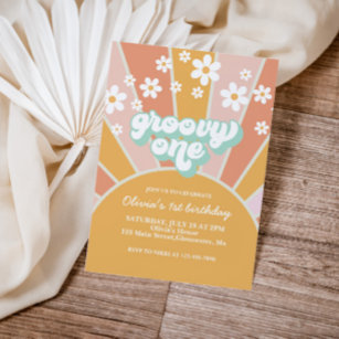 Convites Groovy One Retro Sunshine Daisy boho floral Invita