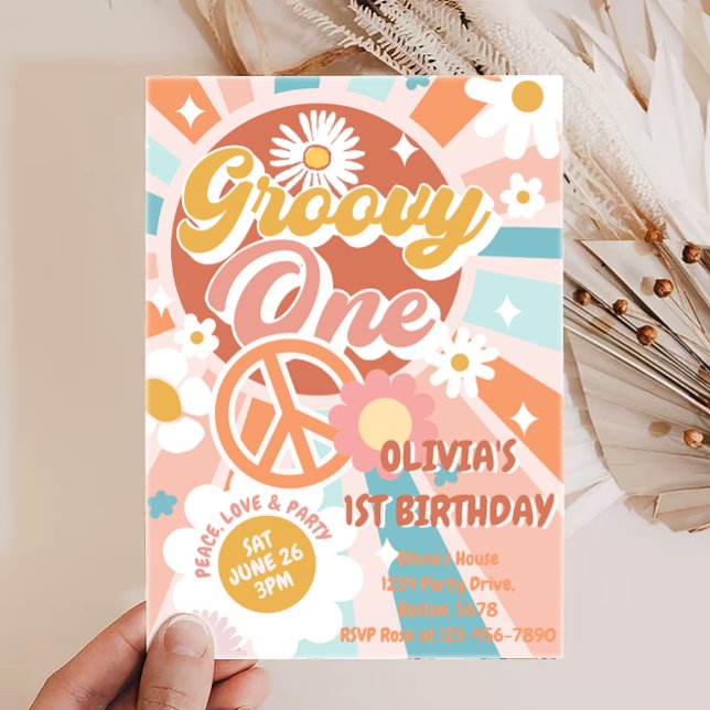 Convites Groovy One Retro Sunshine Daisy Boho primeiro aniv (Criador carregado)