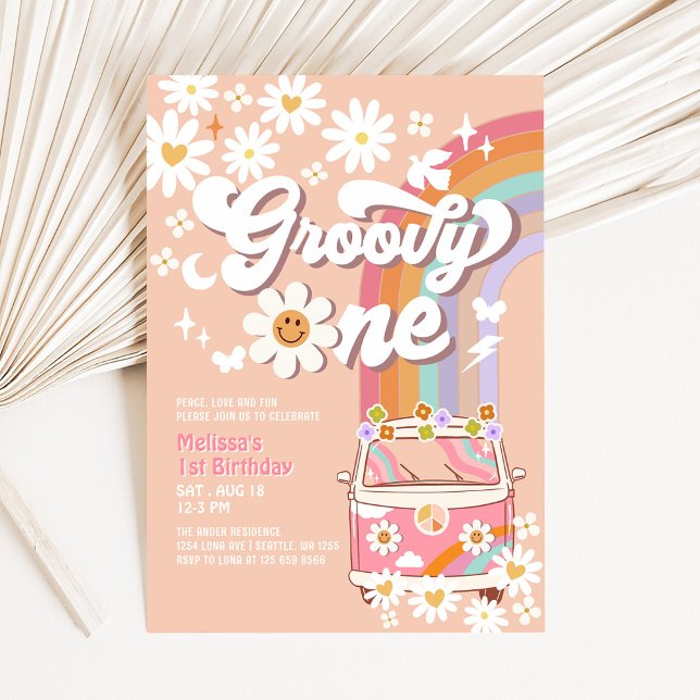 Convites Groovy ONE Rosa Margarida Arco-Íris Hippie 1º Aniv (Criador carregado)