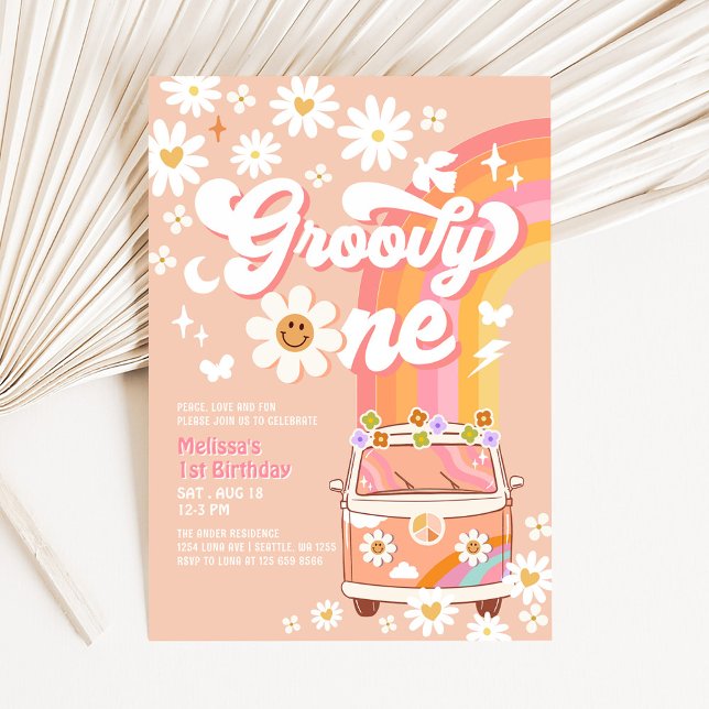 Convites Groovy One Van Peach Daisy primeiro aniversario Ar (Criador carregado)