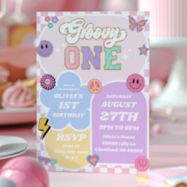 Convites Groovy One Varsity Patch - Festa de primeiro anive