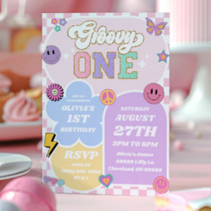 Convites Groovy One Varsity Patch - Festa de primeiro anive