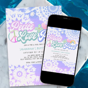 Convites Groovy Pastel Tie Dye Paz Amor Festa na Piscina