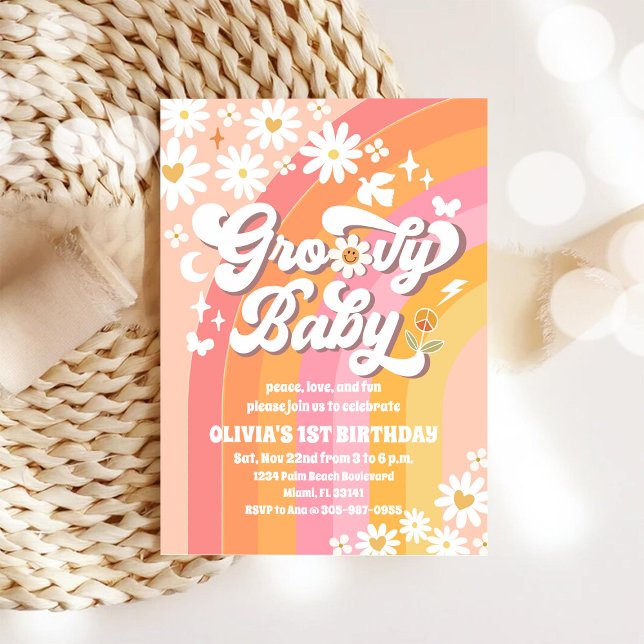 Convites Groovy Rainbow 1st Birthday Invitation (Criador carregado)