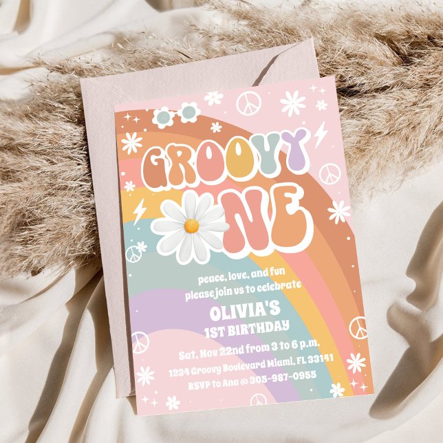 Convites Groovy Rainbow First Birthday Invitation (Criador carregado)