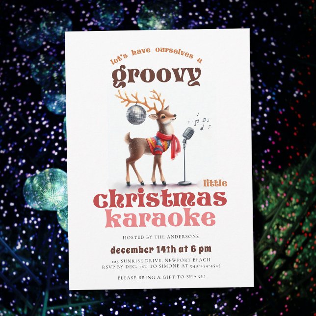 Convites Groovy Reindeer Karaoke Festa de Natal Encantada (groovy little christmas karaoke party hippie disco reindeer 70s nostalgia retro vintage invitation)