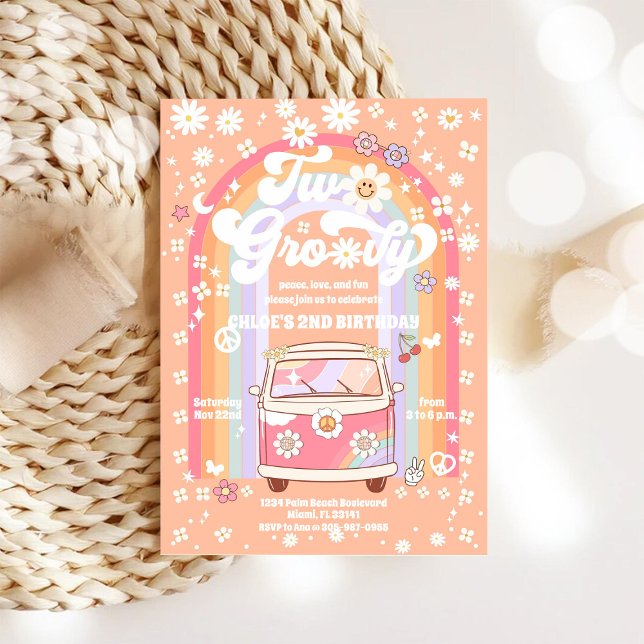 Convites Groovy Retro 2nd Birthday Invitation (Criador carregado)