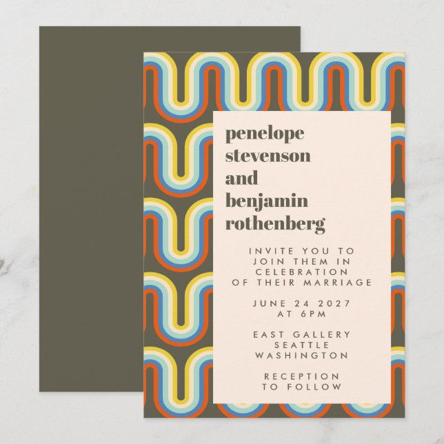 Convites Groovy Retro 60s 70s Linha Arte Verde Casamento Ve (Frente/Verso)