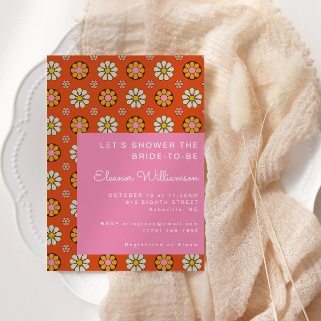 Convites Groovy Retro 60s Flores Laranja Chá de panela Rosa (Criador carregado)