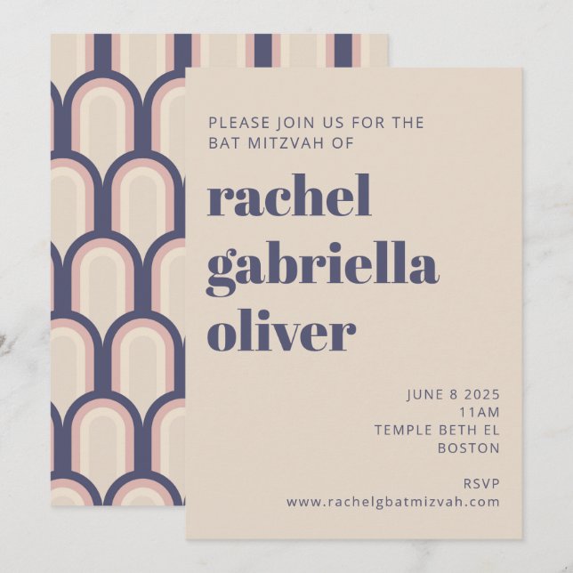 Convites Groovy Retro 70s - Design Azul - Bat Rosa Mitzvah (Frente/Verso)