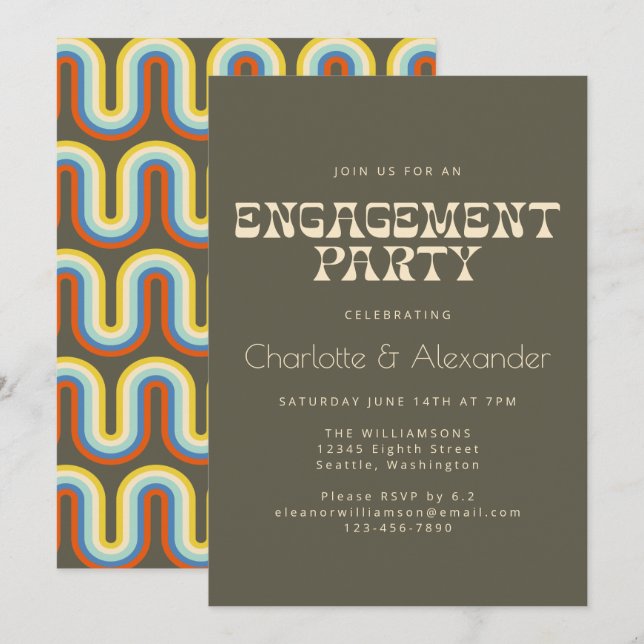 Convites Groovy Retro 70s Design na Festa de noivado (Frente/Verso)