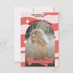 Convites Groovy Retro 70s Graduation Red Vintage Arch