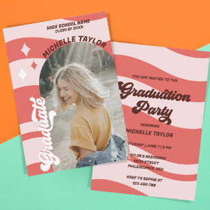 Convites Groovy Retro 70s Graduation Red Vintage Arch