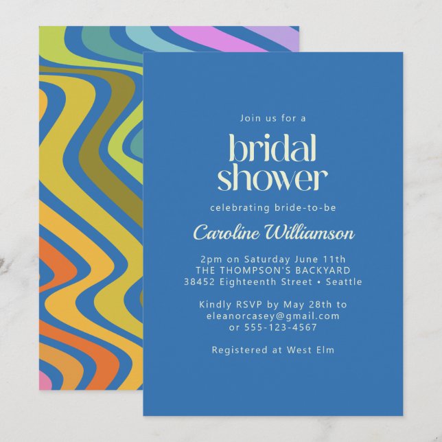 Convites Groovy Retro Abstrato Rainbow Chá de panela Azul (Frente/Verso)