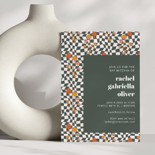 Convites Groovy Retro Boho Green Checkerboard Bat Mitzvah