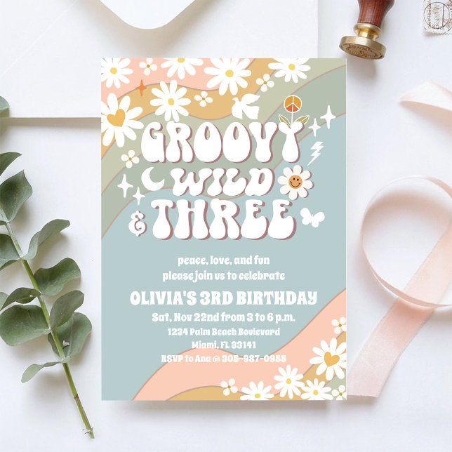 Convites Groovy Retro Daisy 3rd Birthday Invitation (Criador carregado)