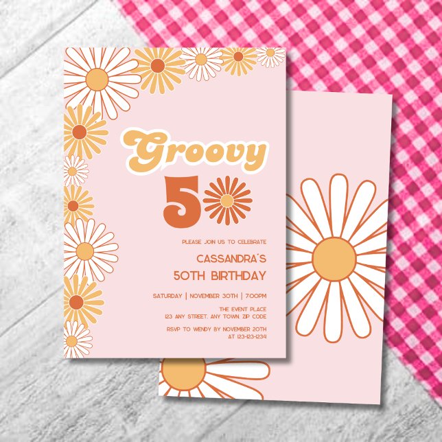 Convites Groovy Retro Daisy Boho Orange Pink Birthday (Criador carregado)