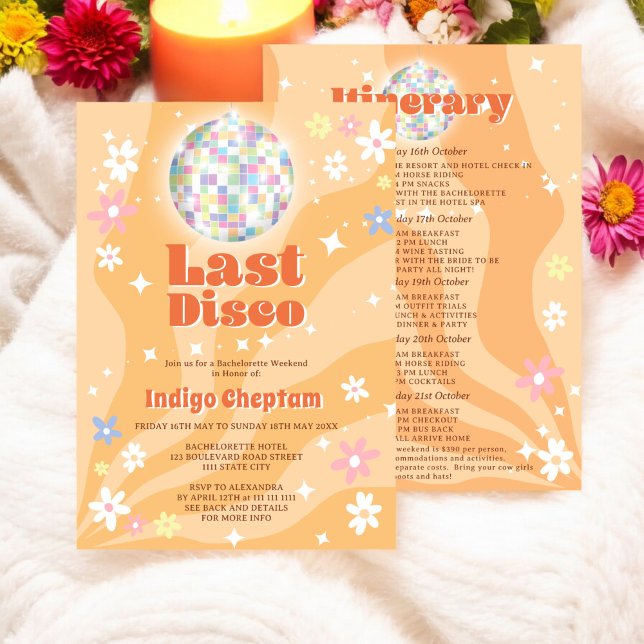 Convites Groovy retro disco floral bachelorette fim de sema (Groovy retro disco floral bachelorette weekend invitation)