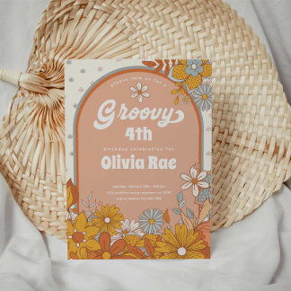 Convites Groovy Retro Girl Daisy Birthday