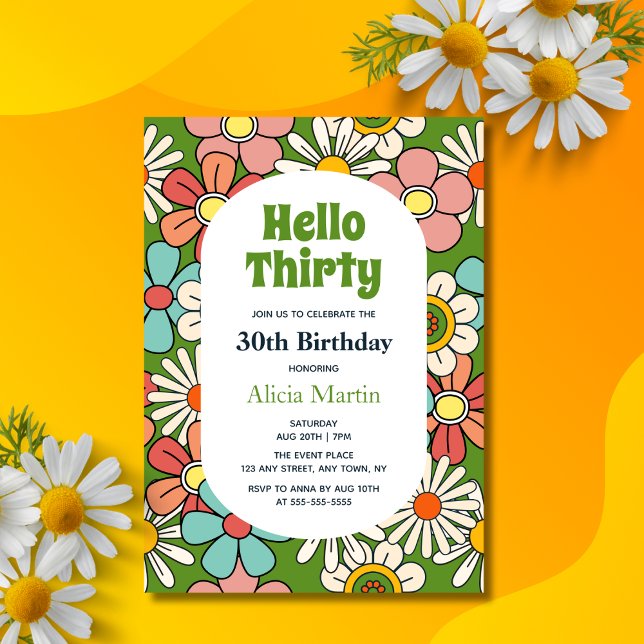 Convites Groovy Retro Hippie Flower Hello 30 Aniversário (Criador carregado)