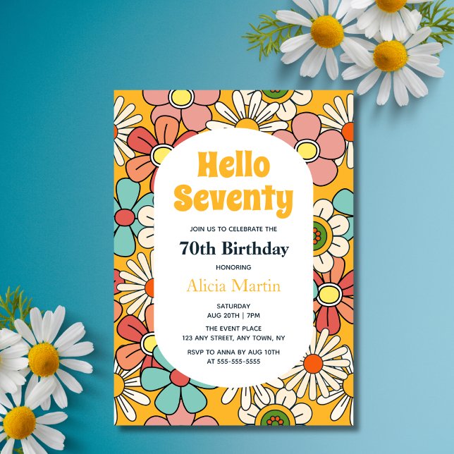 Convites Groovy Retro Hippie Flower Hello Setenta Aniversár (Criador carregado)